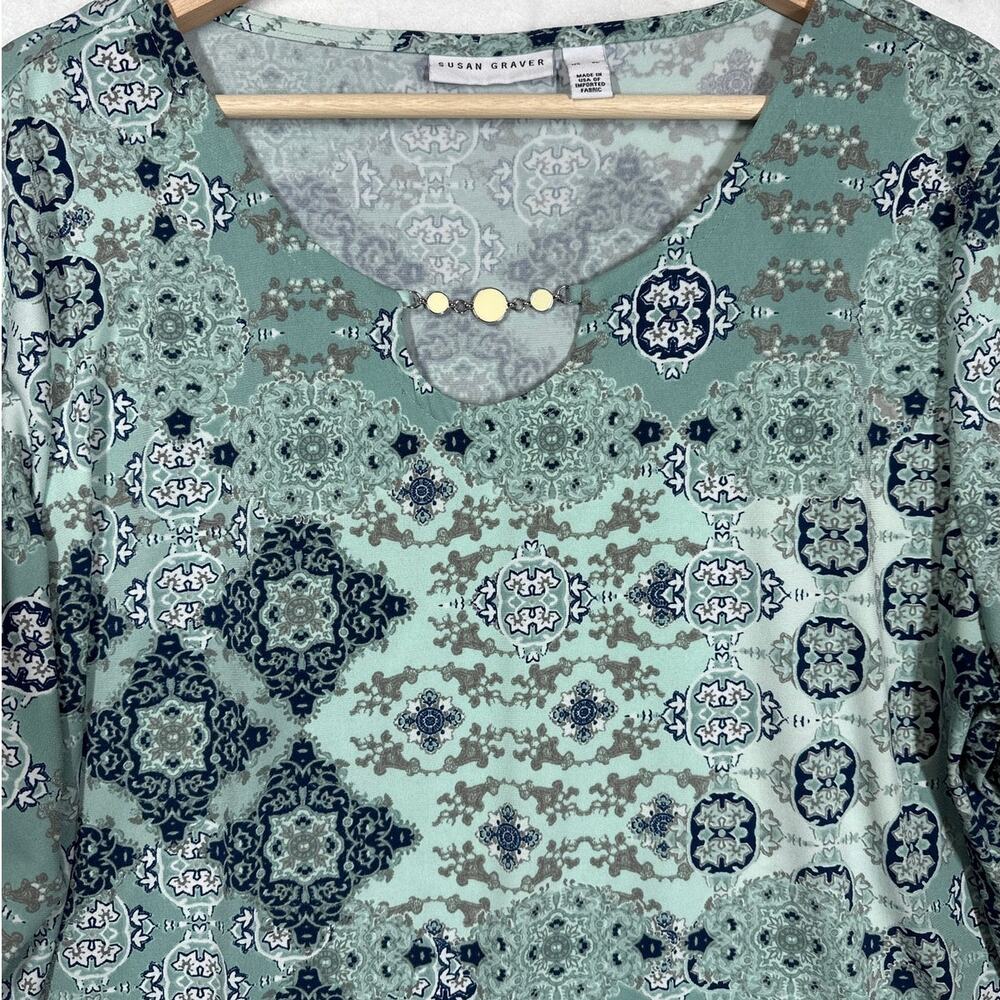 Susan Graver Graphic Mosaic Tunic Top Comfort Stretch 3/4 Sleeves Sage Green XL - Picture 2 of 11